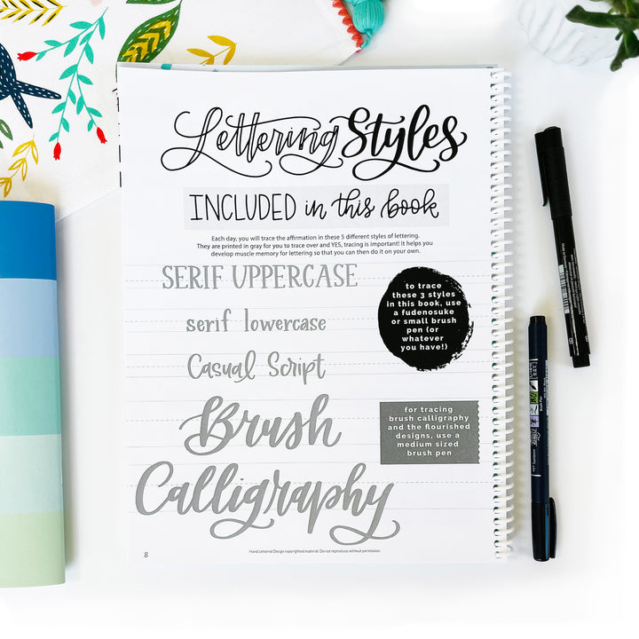 Learn 5 unique lettering styles in this beginner lettering workbook