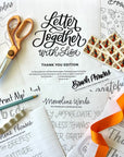 Collection of lettering practice sheets, stamps, and stationery items on a white background.